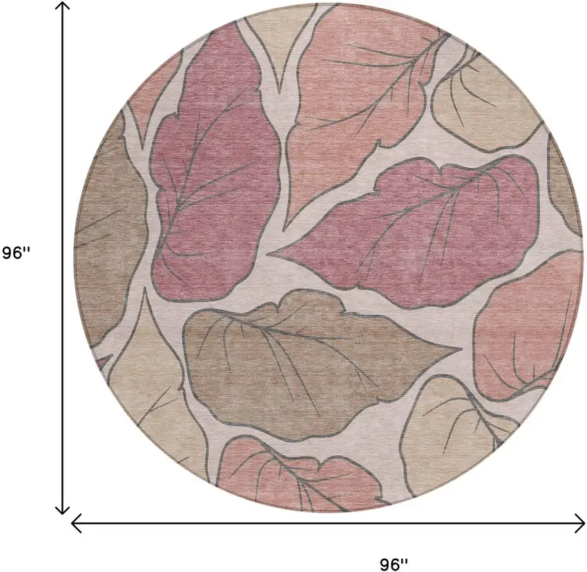 8' Blush And Ivory Round Botanical Leaves Washable Indoor Outdoor Area Rug Photo 3