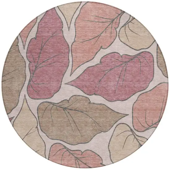 8' Blush And Ivory Round Botanical Leaves Washable Indoor Outdoor Area Rug Photo 4