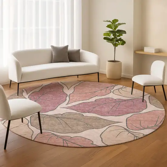 8' Blush And Ivory Round Botanical Leaves Washable Indoor Outdoor Area Rug Photo 9