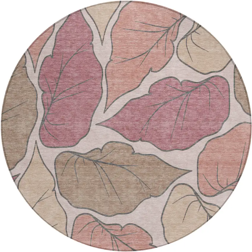8' Blush And Ivory Round Botanical Leaves Washable Indoor Outdoor Area Rug Photo 2