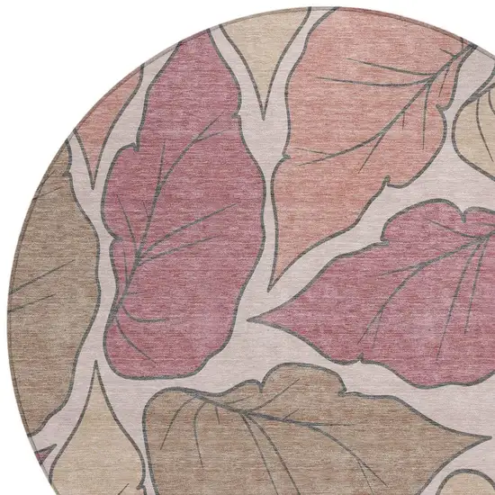 8' Blush And Ivory Round Botanical Leaves Washable Indoor Outdoor Area Rug Photo 6