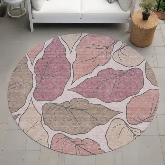 8' Blush And Ivory Round Botanical Leaves Washable Indoor Outdoor Area Rug Photo 7