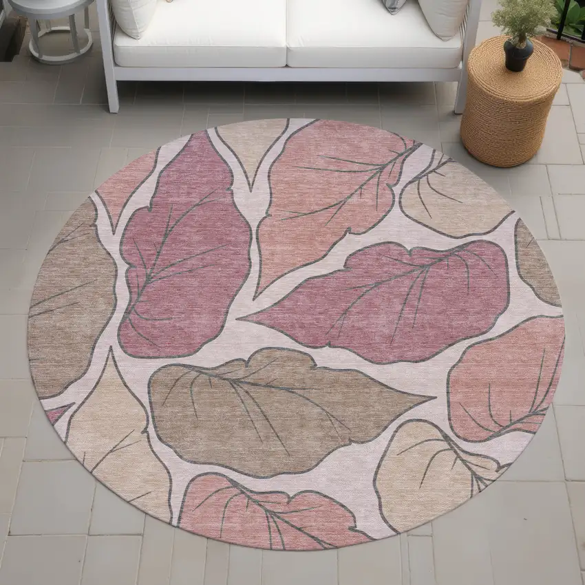 8' Blush And Ivory Round Botanical Leaves Washable Indoor Outdoor Area Rug Photo 7