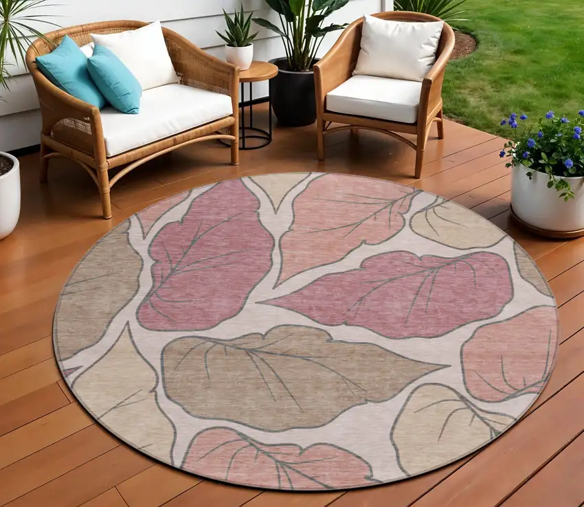 8' Blush And Ivory Round Botanical Leaves Washable Indoor Outdoor Area Rug Photo 1