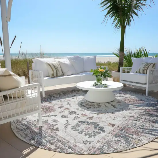 8' Blush And Ivory Round Floral Washable Indoor Outdoor Area Rug Photo 5