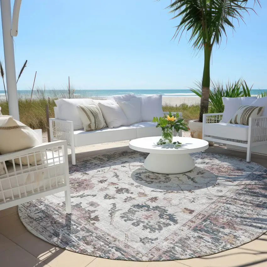 8' Blush And Ivory Round Floral Washable Indoor Outdoor Area Rug Photo 5