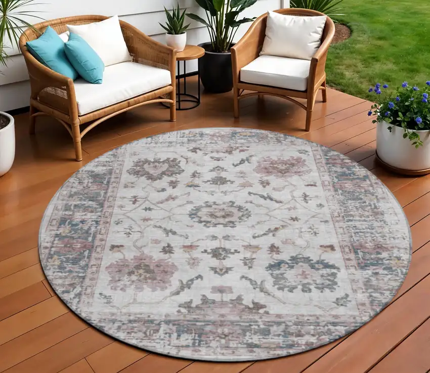 8' Blush And Ivory Round Floral Washable Indoor Outdoor Area Rug Photo 2