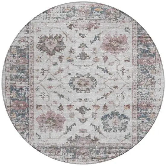 8' Blush And Ivory Round Floral Washable Indoor Outdoor Area Rug Photo 3