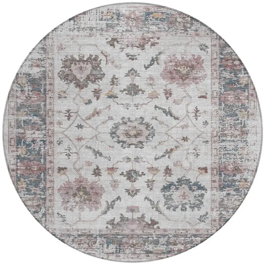 8' Blush And Ivory Round Floral Washable Indoor Outdoor Area Rug Photo 3