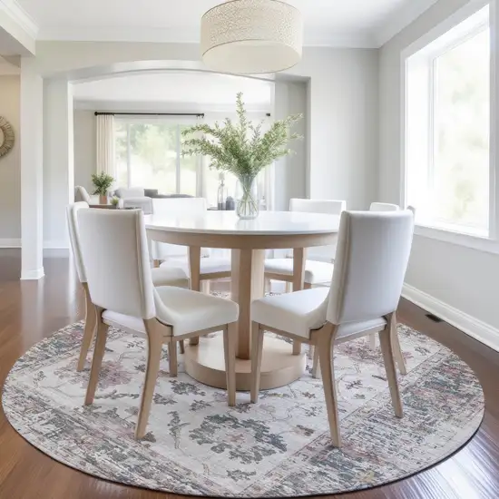 8' Blush And Ivory Round Floral Washable Indoor Outdoor Area Rug Photo 6