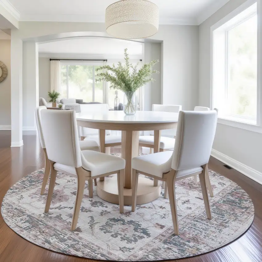 8' Blush And Ivory Round Floral Washable Indoor Outdoor Area Rug Photo 6