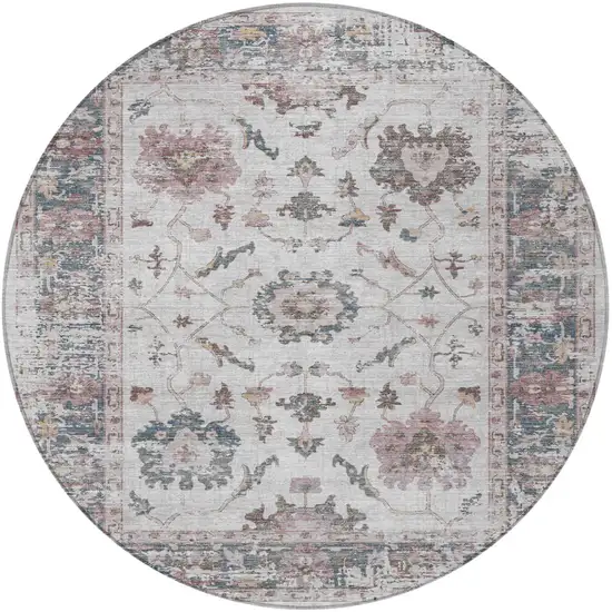 8' Blush And Ivory Round Floral Washable Indoor Outdoor Area Rug Photo 4