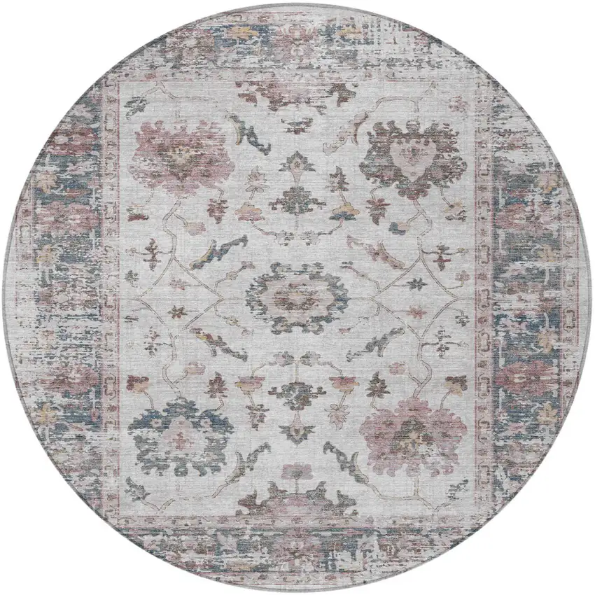 8' Blush And Ivory Round Floral Washable Indoor Outdoor Area Rug Photo 4