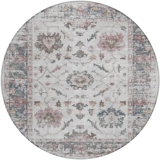 8' Blush And Ivory Round Floral Washable Indoor Outdoor Area Rug Photo 1