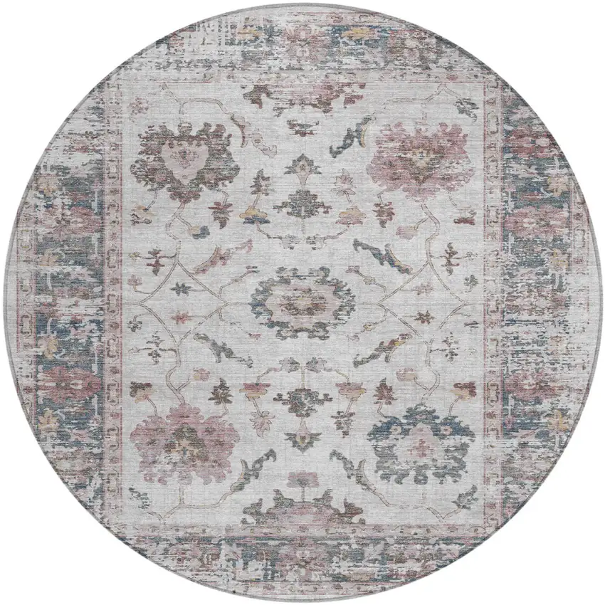 8' Blush And Ivory Round Floral Washable Indoor Outdoor Area Rug Photo 1