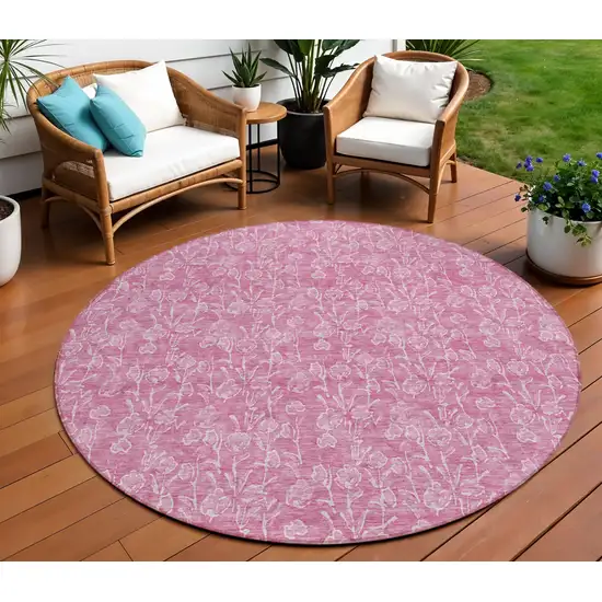 8' Blush And Ivory Round Floral Washable Indoor Outdoor Area Rug Photo 1