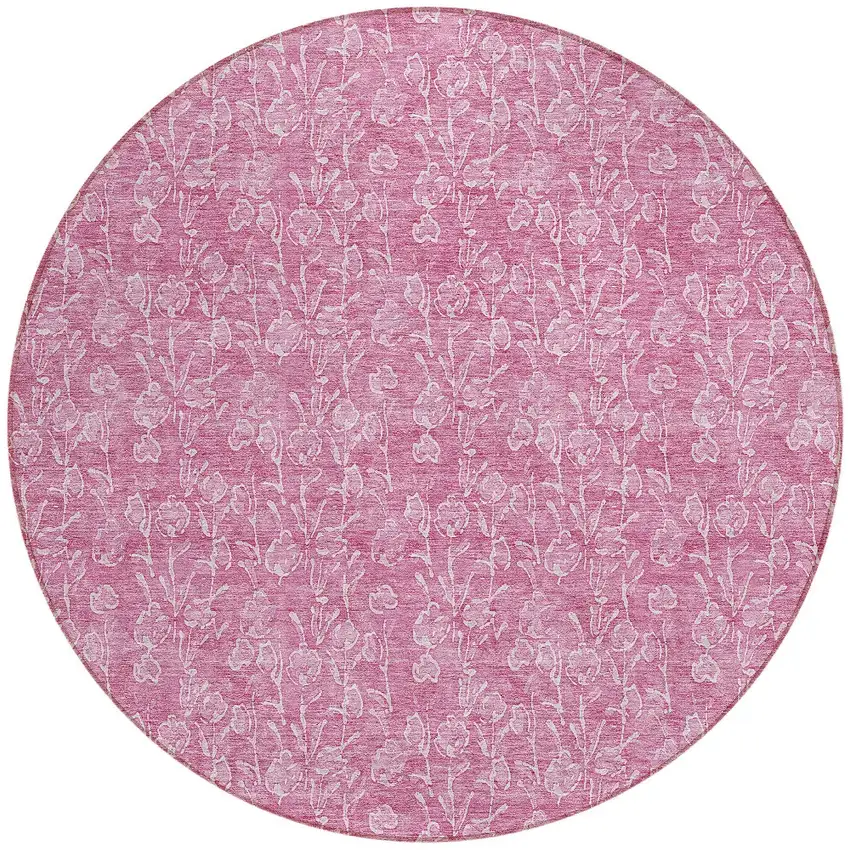 8' Blush And Ivory Round Floral Washable Indoor Outdoor Area Rug Photo 5