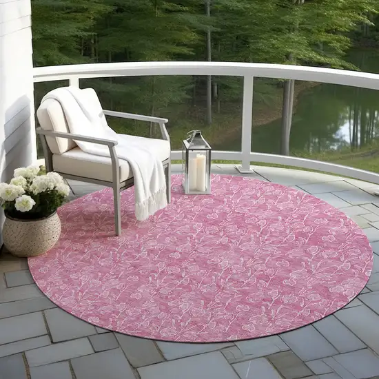 8' Blush And Ivory Round Floral Washable Indoor Outdoor Area Rug Photo 6
