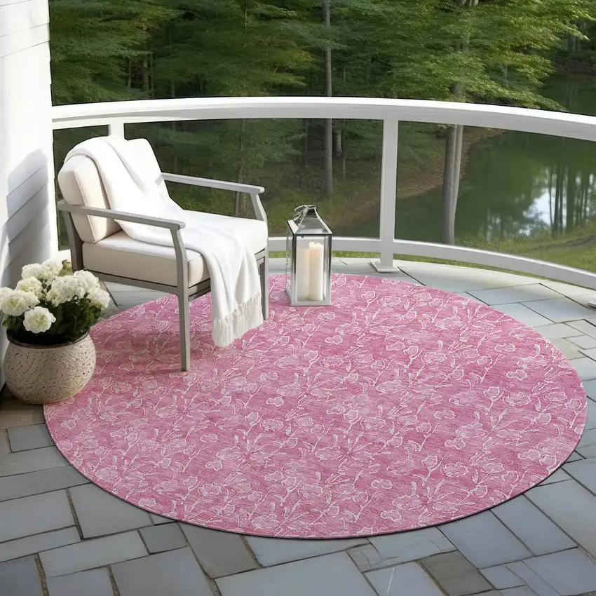 8' Blush And Ivory Round Floral Washable Indoor Outdoor Area Rug Photo 6