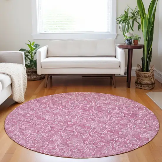 8' Blush And Ivory Round Floral Washable Indoor Outdoor Area Rug Photo 7