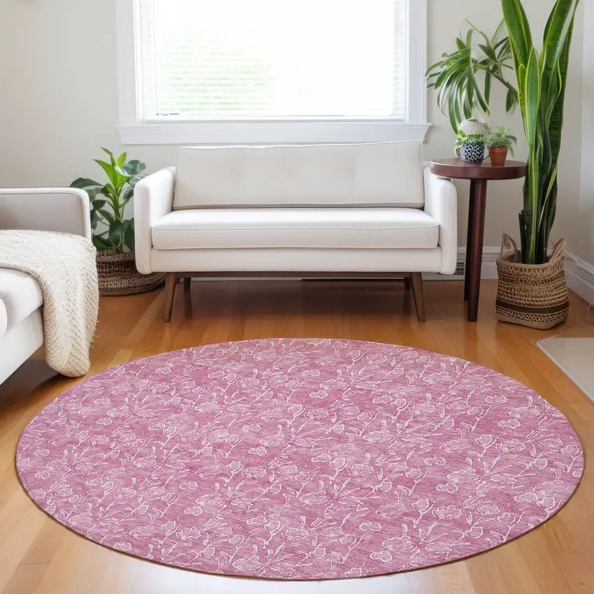 8' Blush And Ivory Round Floral Washable Indoor Outdoor Area Rug Photo 7