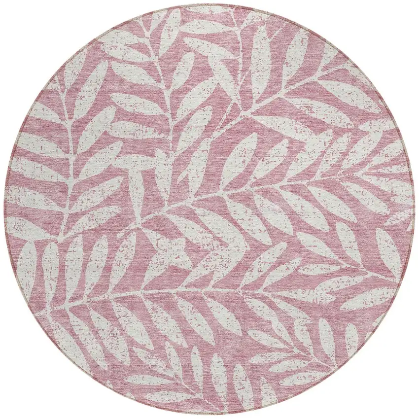 8' Blush And Ivory Round Floral Washable Indoor Outdoor Area Rug Photo 5