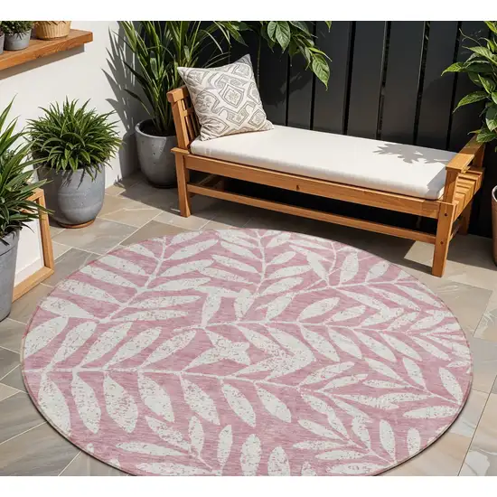 8' Blush And Ivory Round Floral Washable Indoor Outdoor Area Rug Photo 1