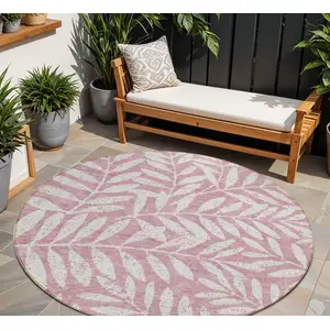 Photo of 8' Blush And Ivory Round Floral Washable Indoor Outdoor Area Rug