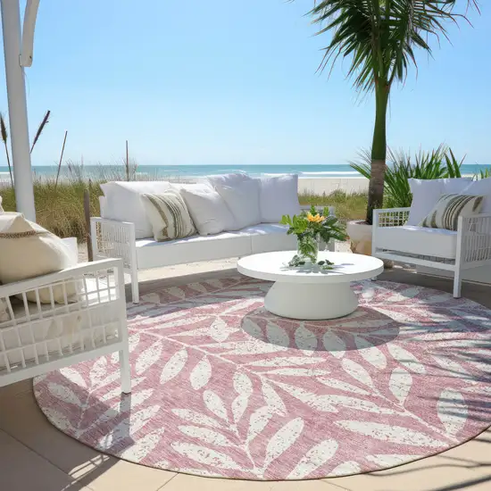 8' Blush And Ivory Round Floral Washable Indoor Outdoor Area Rug Photo 6