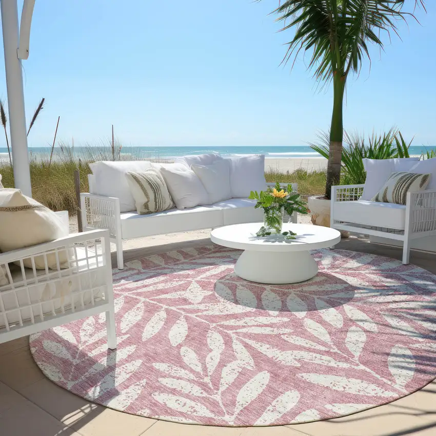 8' Blush And Ivory Round Floral Washable Indoor Outdoor Area Rug Photo 6