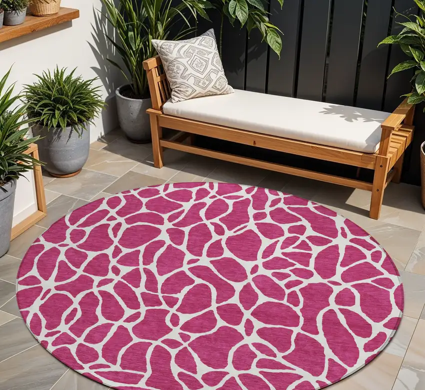 8' Blush And Ivory Round Geometric Washable Indoor Outdoor Area Rug Photo 1
