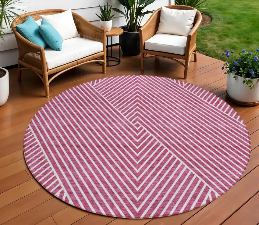 8' Blush And Ivory Round Geometric Washable Indoor Outdoor Area Rug Photo 1