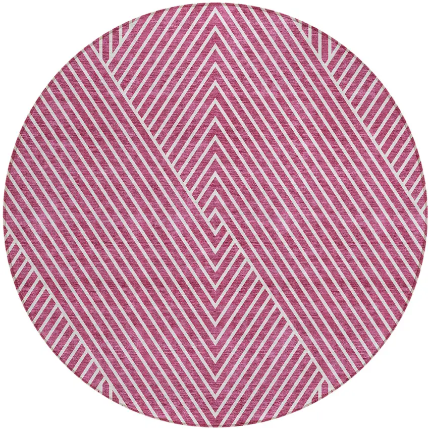 8' Blush And Ivory Round Geometric Washable Indoor Outdoor Area Rug Photo 2