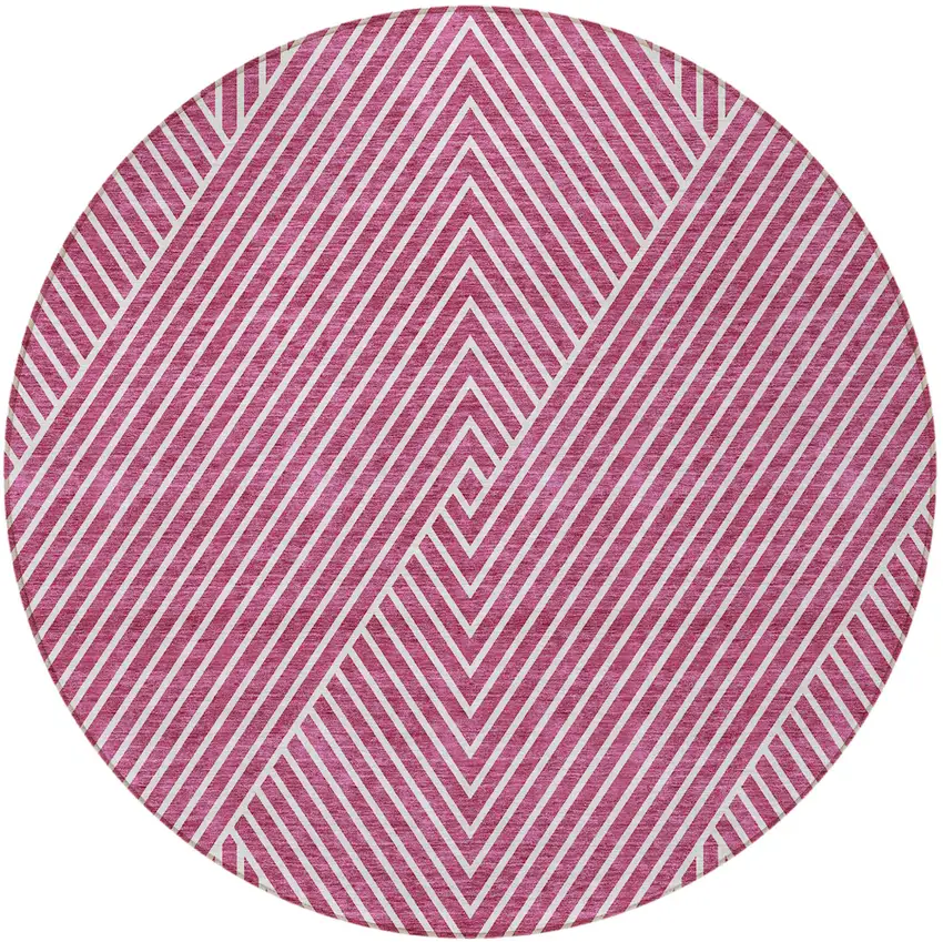 8' Blush And Ivory Round Geometric Washable Indoor Outdoor Area Rug Photo 5