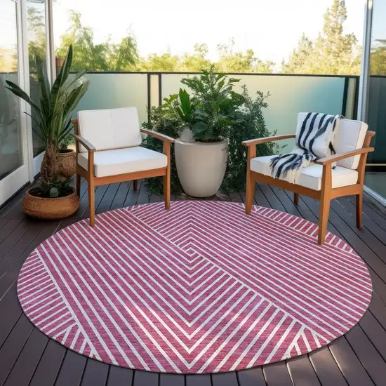 8' Blush And Ivory Round Geometric Washable Indoor Outdoor Area Rug Photo 6