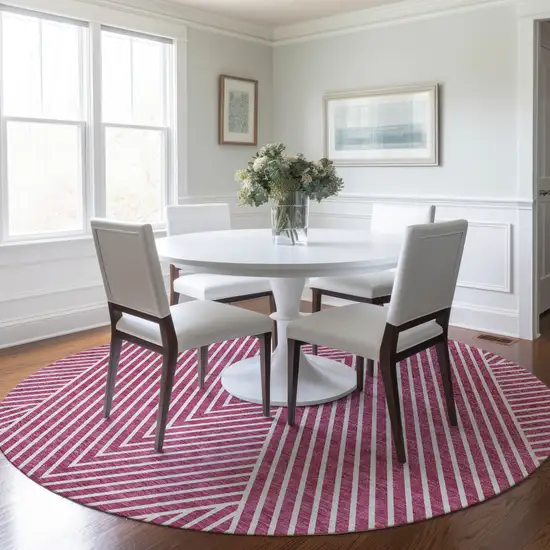 8' Blush And Ivory Round Geometric Washable Indoor Outdoor Area Rug Photo 7