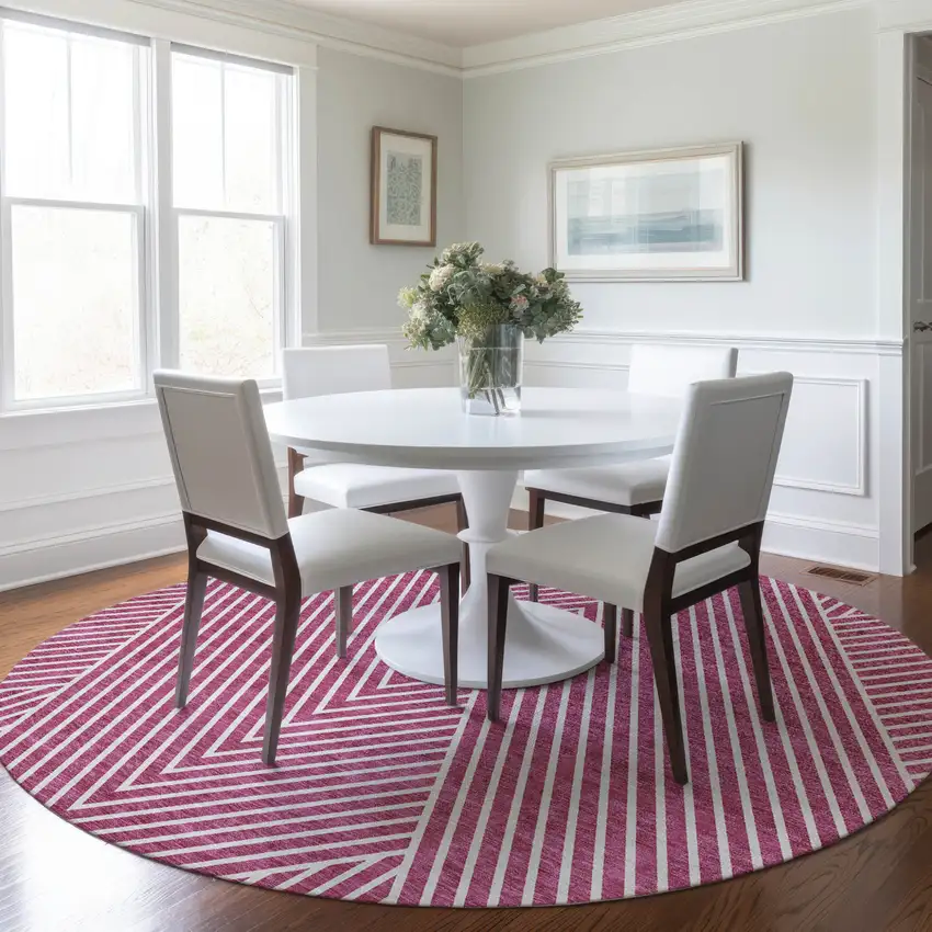 8' Blush And Ivory Round Geometric Washable Indoor Outdoor Area Rug Photo 7