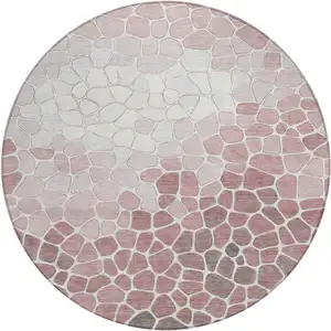 Photo of 8' Blush And Ivory Round Geometric Washable Indoor Outdoor Area Rug