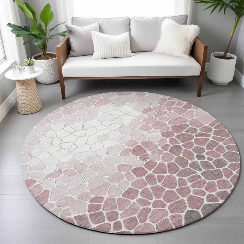 8' Blush And Ivory Round Geometric Washable Indoor Outdoor Area Rug Photo 7