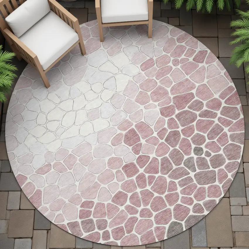 8' Blush And Ivory Round Geometric Washable Indoor Outdoor Area Rug Photo 6