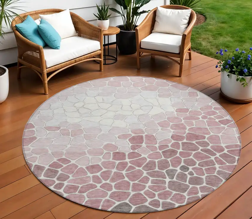 8' Blush And Ivory Round Geometric Washable Indoor Outdoor Area Rug Photo 2