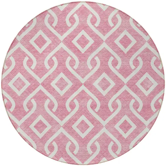 8' Blush And Ivory Round Geometric Washable Indoor Outdoor Area Rug Photo 5