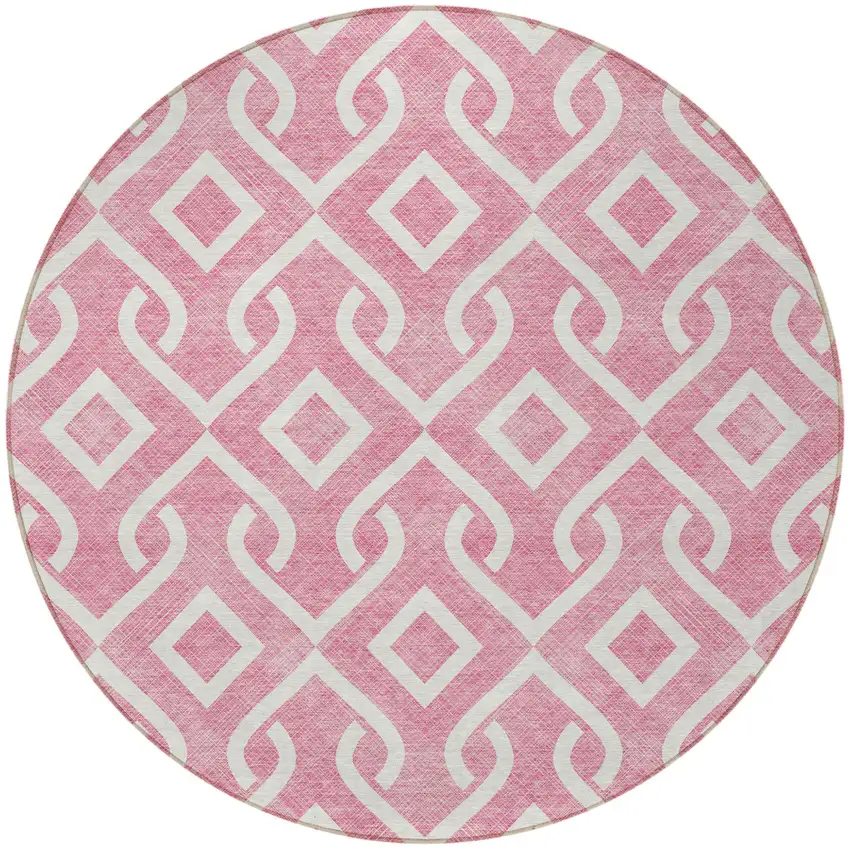 8' Blush And Ivory Round Geometric Washable Indoor Outdoor Area Rug Photo 5