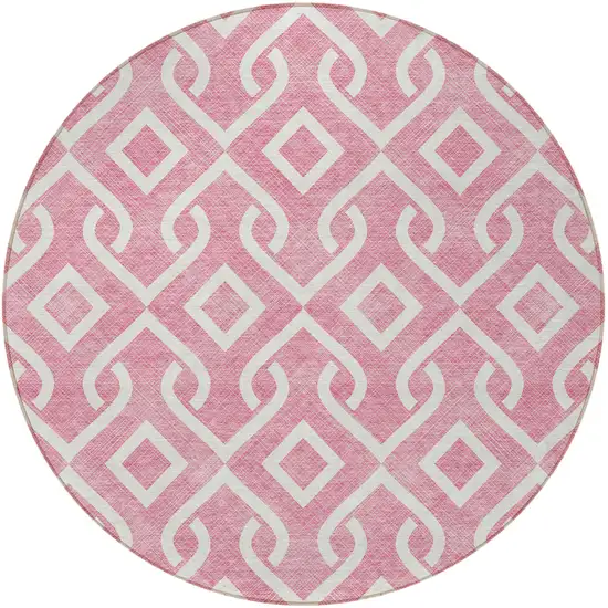 8' Blush And Ivory Round Geometric Washable Indoor Outdoor Area Rug Photo 5