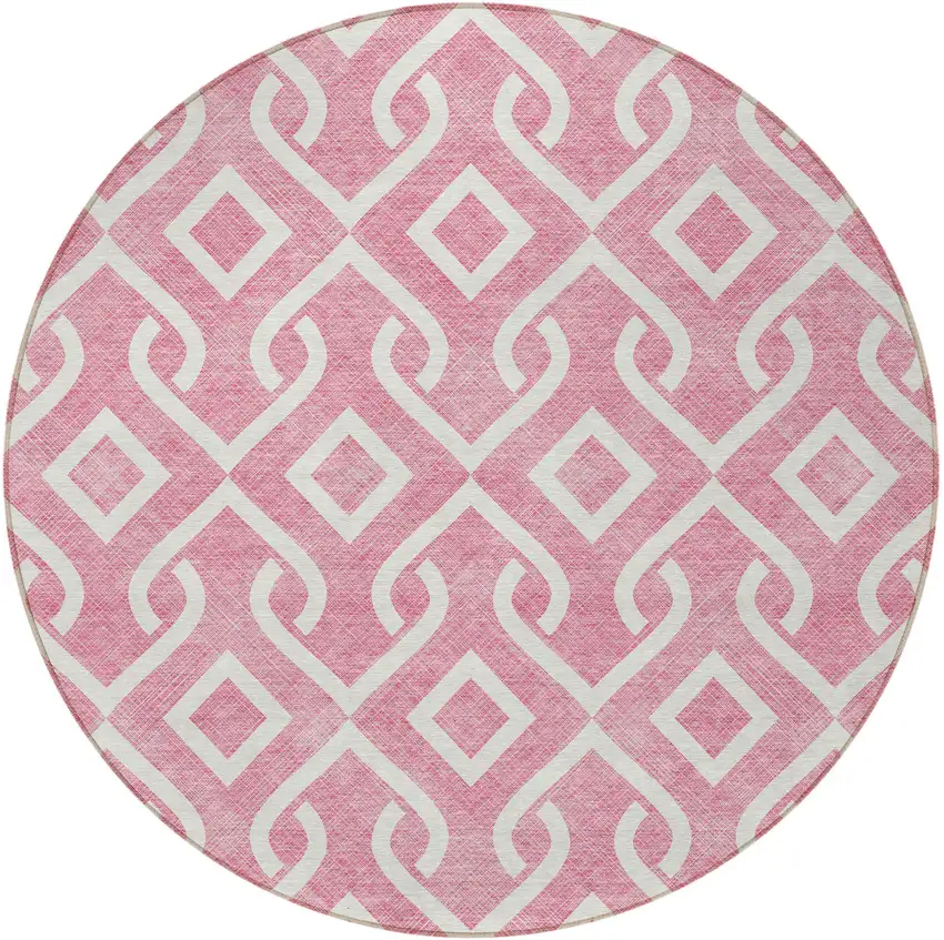 8' Blush And Ivory Round Geometric Washable Indoor Outdoor Area Rug Photo 5