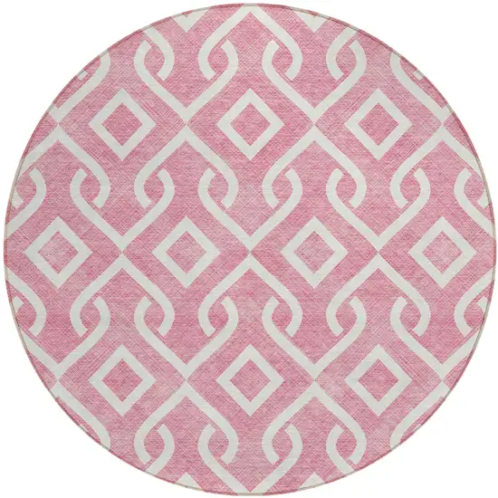 8' Blush And Ivory Round Geometric Washable Indoor Outdoor Area Rug Photo 2
