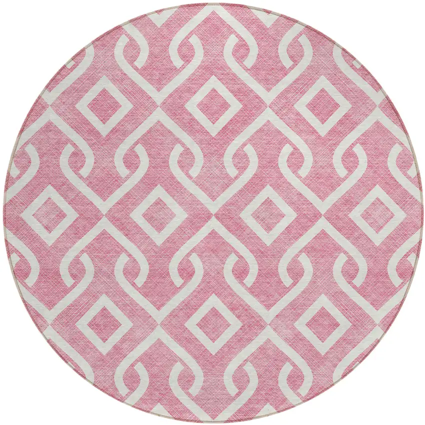 8' Blush And Ivory Round Geometric Washable Indoor Outdoor Area Rug Photo 2