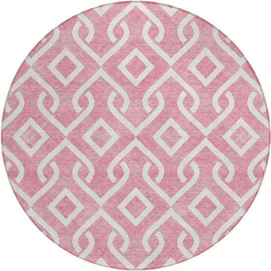 8' Blush And Ivory Round Geometric Washable Indoor Outdoor Area Rug Photo 2