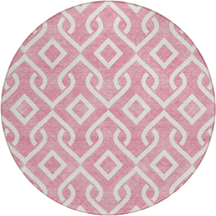 8' Blush And Ivory Round Geometric Washable Indoor Outdoor Area Rug Photo 2