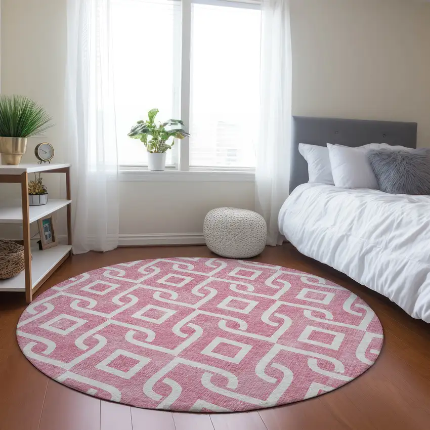 8' Blush And Ivory Round Geometric Washable Indoor Outdoor Area Rug Photo 7